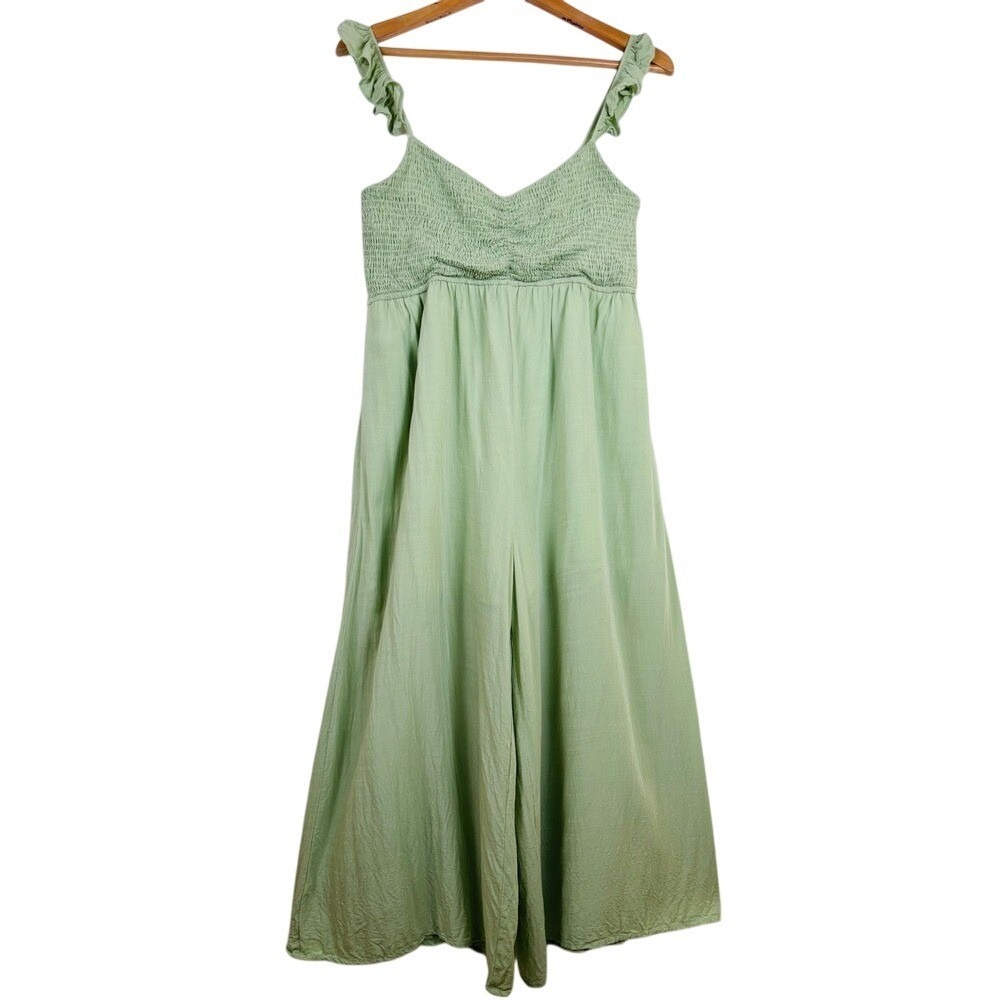 Mittoshop Large Green Smocked Crop‎ Jumpsuit Ruffle Strap Wide Leg Casual